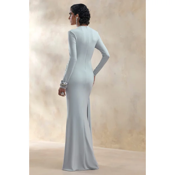 Kyrissa | Robe longue bleue à encolure montante et détails froncés