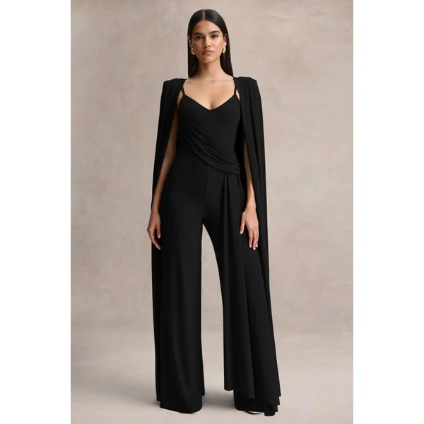 Labina | Combinaison noire avec décolleté plongeant et manches cape