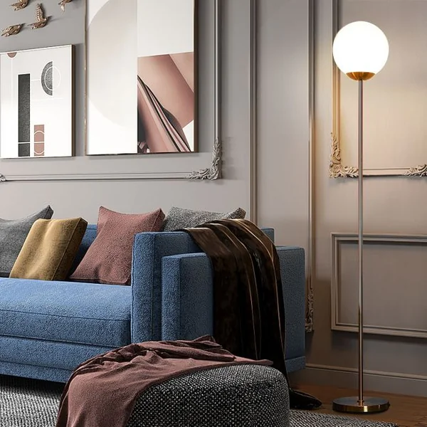 Lampadaire 169,5CM avec Ampoule LED 7W E27 Globe en Verre φ25,5CM et Abat-jour en Verre Interrupteur à Pédale