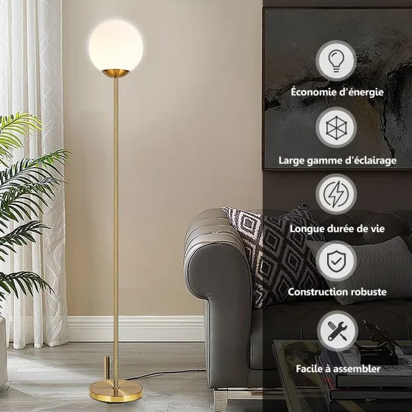 Lampadaire 169,5CM avec Ampoule LED 7W E27 Globe en Verre φ25,5CM et Abat-jour en Verre Interrupteur à Pédale