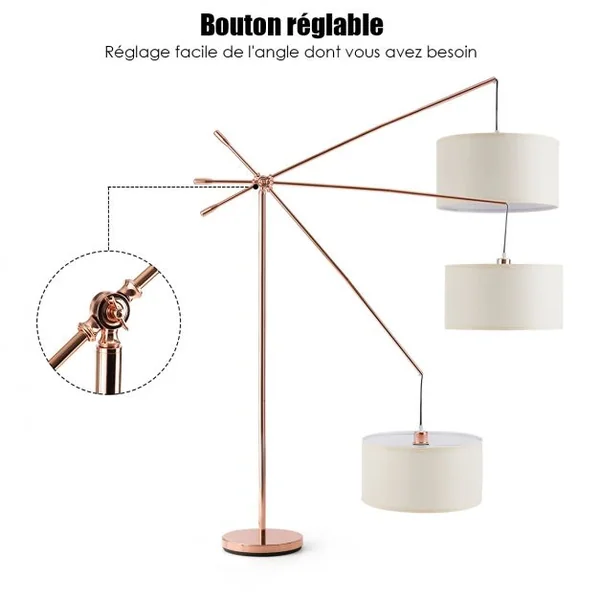 Lampadaire avec Abat-jour Suspendu Réglable Interrupteur Au Pied Ampoule 60w Culot E27 en Acier et Tissu 49x30x178cm