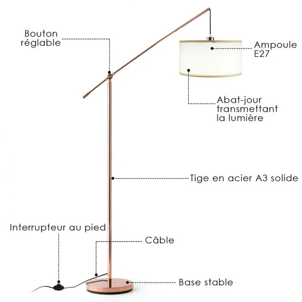 Lampadaire avec Abat-jour Suspendu Réglable Interrupteur Au Pied Ampoule 60w Culot E27 en Acier et Tissu 49x30x178cm