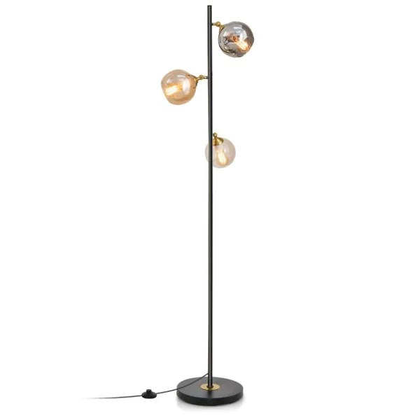 Lampadaire Moderne Lampe sur Pied avec 3 Abat-jours Globe en Verre base Lestée Interrupteur au Pied Lampe Arbre sur Pied pour Chambre Bureau Noir