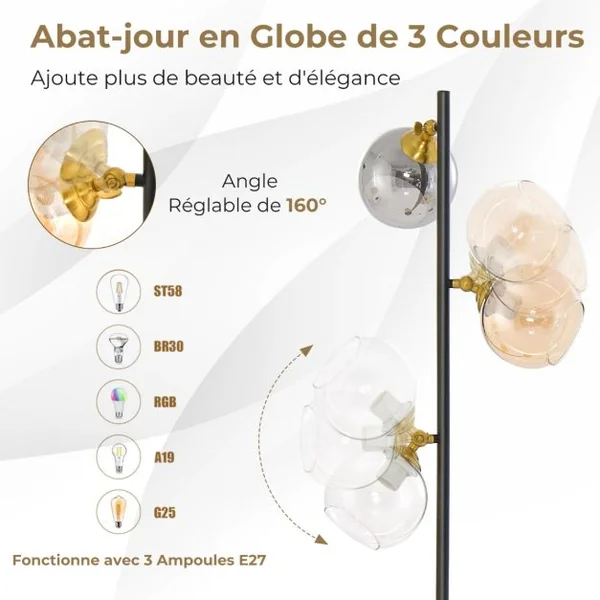 Lampadaire Moderne Lampe sur Pied avec 3 Abat-jours Globe en Verre base Lestée Interrupteur au Pied Lampe Arbre sur Pied pour Chambre Bureau Noir