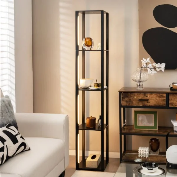 Lampadaire Salon 163cm avec 4 Étagères Ampoules LED à 3 Intensités Variable Poteaux LED Rotatifs 360° Interrupteur au Pied Noir