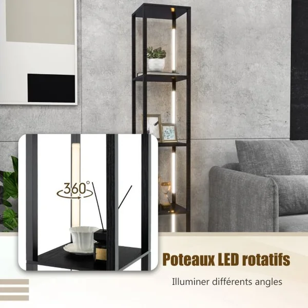 Lampadaire Salon 163cm avec 4 Étagères Ampoules LED à 3 Intensités Variable Poteaux LED Rotatifs 360° Interrupteur au Pied Noir