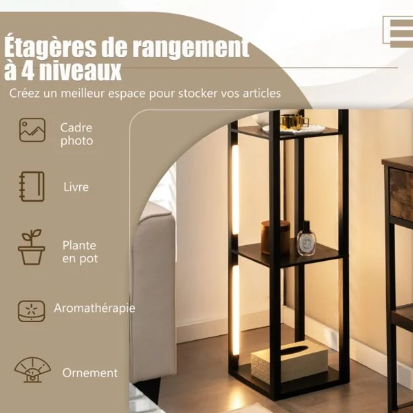 Lampadaire Salon 163cm avec 4 Étagères Ampoules LED à 3 Intensités Variable Poteaux LED Rotatifs 360° Interrupteur au Pied Noir