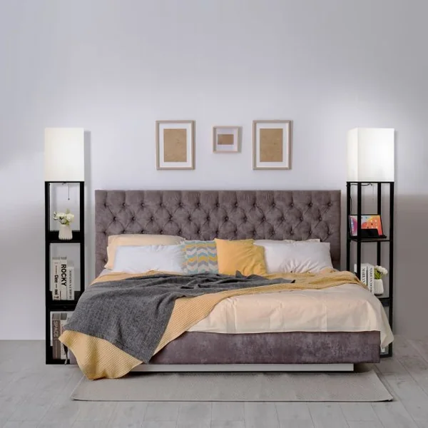 Lampadaire Salon sur Pied avec Ampoule LED 5000K Luminosité à 3 Niveaux 1 Tiroir et 1 Port USB 3 Etagères 25 x 25 x 159,5 cm