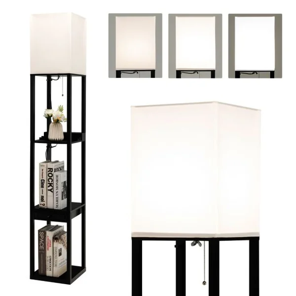 Lampadaire Salon sur Pied avec Ampoule LED 5000K Luminosité à 3 Niveaux 1 Tiroir et 1 Port USB 3 Etagères 25 x 25 x 159,5 cm