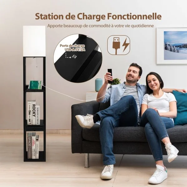 Lampadaire Salon sur Pied avec Ampoule LED 5000K Luminosité à 3 Niveaux 1 Tiroir et 1 Port USB 3 Etagères 25 x 25 x 159,5 cm