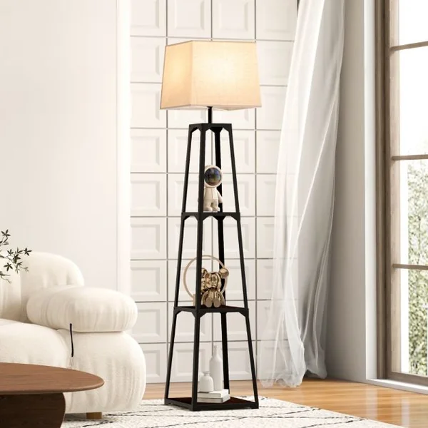 Lampadaire Salon Trépied avec 3 Etagères de Rangement E27 40 W Abat-jour en Lin 33 x 33 x 159 cm Moderne pour Chambre Bureau