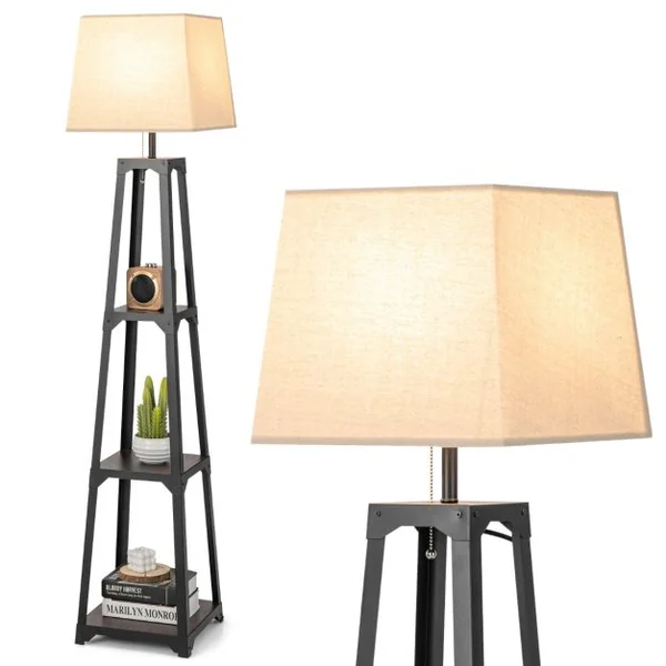 Lampadaire Salon Trépied avec 3 Etagères de Rangement E27 40 W Abat-jour en Lin 33 x 33 x 159 cm Moderne pour Chambre Bureau