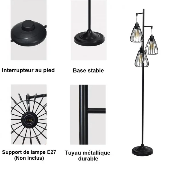 Lampadaire Style Industriel sur Pied avec 3 Abat-Jours Fait en en Métal 170x25CM Ampoule E27 ( Non Incluse)