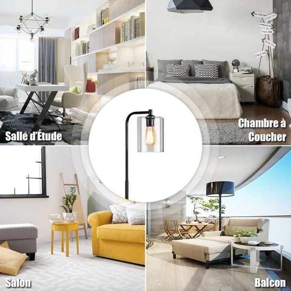 Lampadaire sur Pied Lampadaire Style Industriel avec Abat-jour en Verre Suspendu avec Interrupteur au Pied Noir