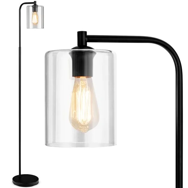 Lampadaire sur Pied Lampadaire Style Industriel avec Abat-jour en Verre Suspendu avec Interrupteur au Pied Noir