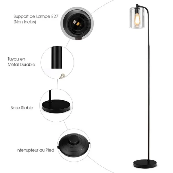 Lampadaire sur Pied Lampadaire Style Industriel avec Abat-jour en Verre Suspendu avec Interrupteur au Pied Noir