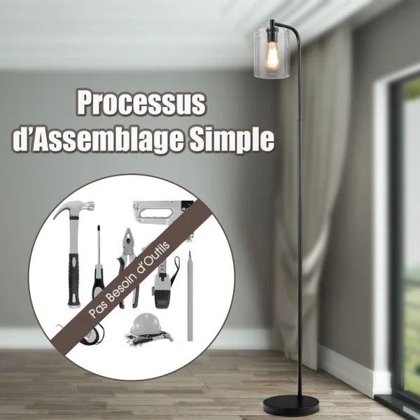 Lampadaire sur Pied Lampadaire Style Industriel avec Abat-jour en Verre Suspendu avec Interrupteur au Pied Noir