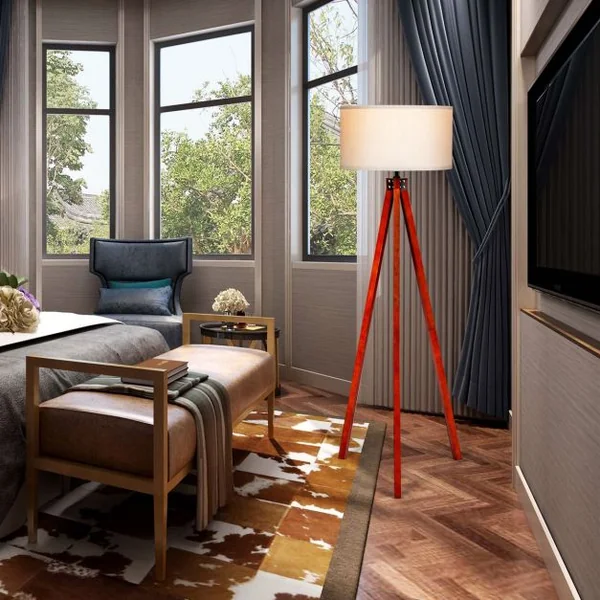 Lampadaire Trépied Abat-jour Commutateur Au Pied Style Scandinave Ampoule 60w Culot E27 en Bois et Lin 56,5x46x152,5cm