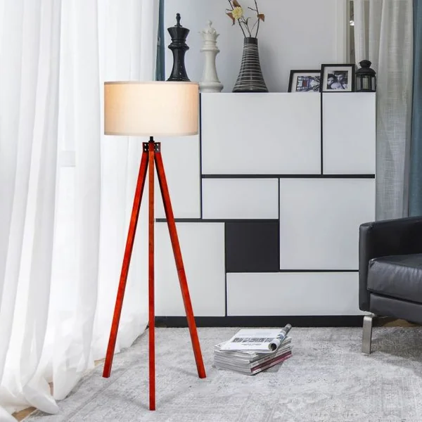 Lampadaire Trépied Abat-jour Commutateur Au Pied Style Scandinave Ampoule 60w Culot E27 en Bois et Lin 56,5x46x152,5cm