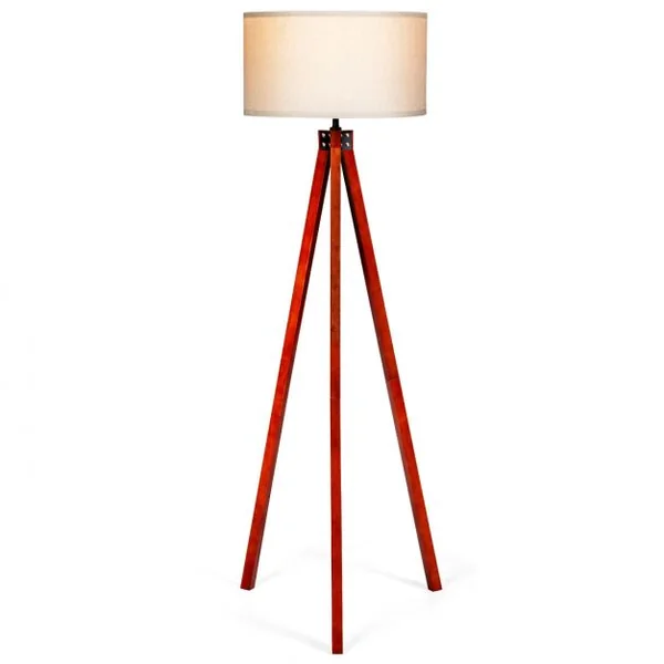 Lampadaire Trépied Abat-jour Commutateur Au Pied Style Scandinave Ampoule 60w Culot E27 en Bois et Lin 56,5x46x152,5cm