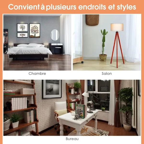Lampadaire Trépied Abat-jour Commutateur Au Pied Style Scandinave Ampoule 60w Culot E27 en Bois et Lin 56,5x46x152,5cm