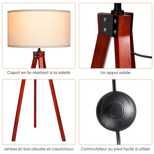Lampadaire Trépied Abat-jour Commutateur Au Pied Style Scandinave Ampoule 60w Culot E27 en Bois et Lin 56,5x46x152,5cm