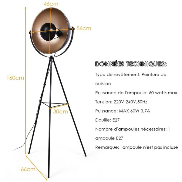 Lampadaire Trépied Abat-jour Rond 46cm Réglable Style Industriel Ampoule 60w Culot E27 en Fer et Plastique 66x56x160cm