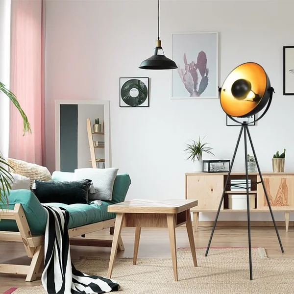 Lampadaire Trépied Abat-jour Rond 46cm Réglable Style Industriel Ampoule 60w Culot E27 en Fer et Plastique 66x56x160cm