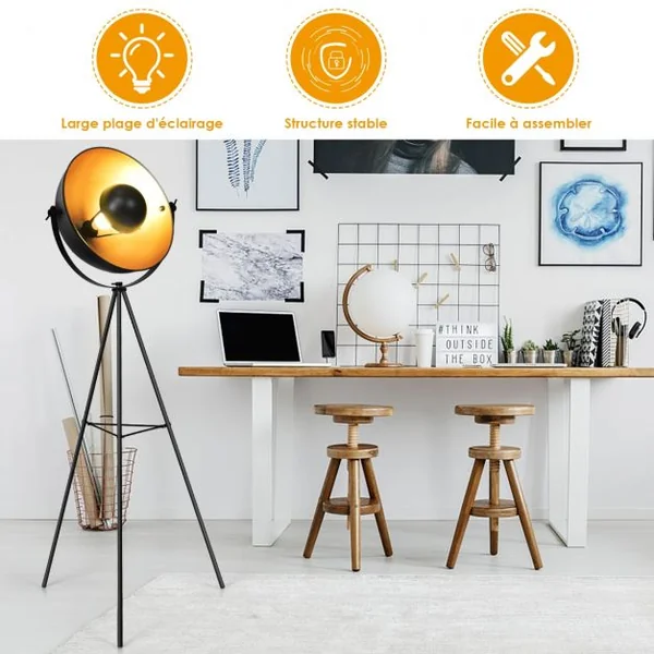 Lampadaire Trépied Abat-jour Rond 46cm Réglable Style Industriel Ampoule 60w Culot E27 en Fer et Plastique 66x56x160cm