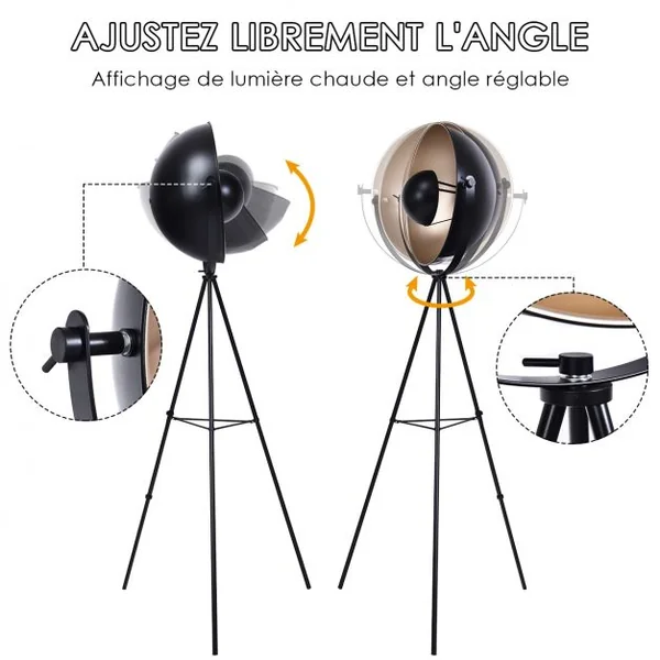 Lampadaire Trépied Abat-jour Rond 46cm Réglable Style Industriel Ampoule 60w Culot E27 en Fer et Plastique 66x56x160cm