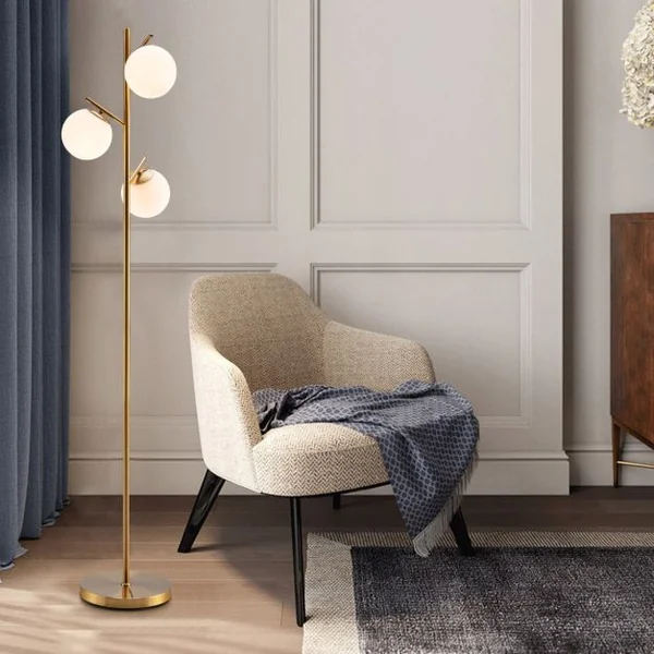 Lampadaire à 3 Globes Lampe sur Pied Moderne avec Interrupteur à Pied Pratique 3 Culots d'Ampoule E27 Poteau en Métal Robuste
