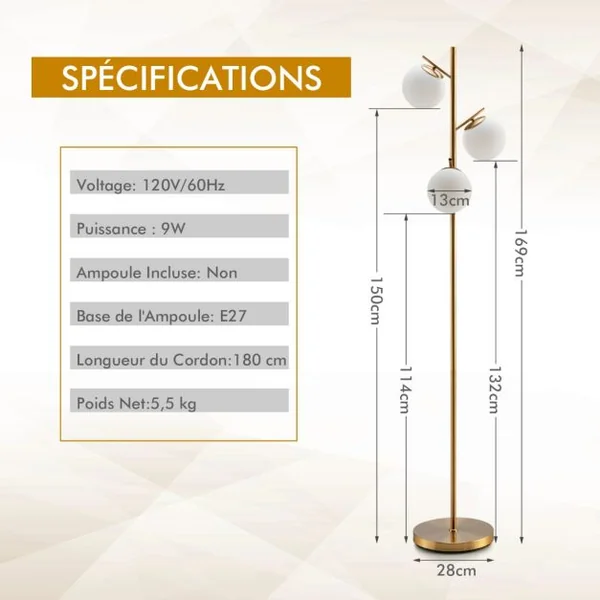 Lampadaire à 3 Globes Lampe sur Pied Moderne avec Interrupteur à Pied Pratique 3 Culots d'Ampoule E27 Poteau en Métal Robuste