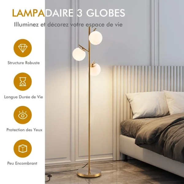 Lampadaire à 3 Globes Lampe sur Pied Moderne avec Interrupteur à Pied Pratique 3 Culots d'Ampoule E27 Poteau en Métal Robuste