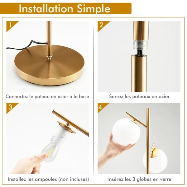 Lampadaire à 3 Globes Lampe sur Pied Moderne avec Interrupteur à Pied Pratique 3 Culots d'Ampoule E27 Poteau en Métal Robuste