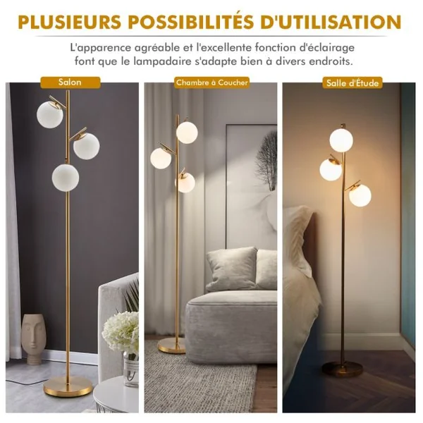 Lampadaire à 3 Globes Lampe sur Pied Moderne avec Interrupteur à Pied Pratique 3 Culots d'Ampoule E27 Poteau en Métal Robuste