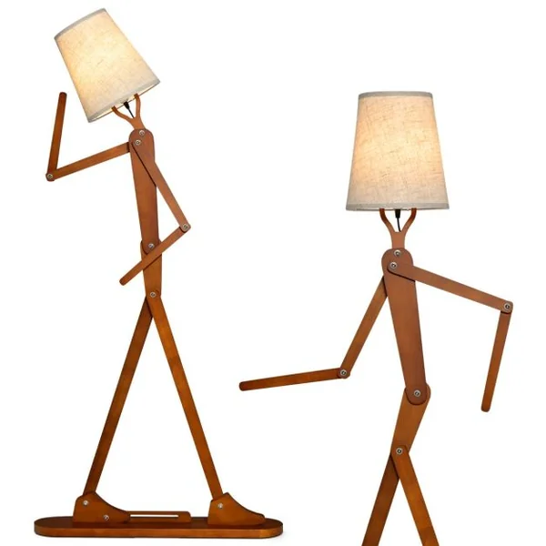 Lampe de Sol en Bois de Caoutchouc Humanoïde Créatif Lampadaire de Salon Articulations Réglables Abat-jour en Tissu