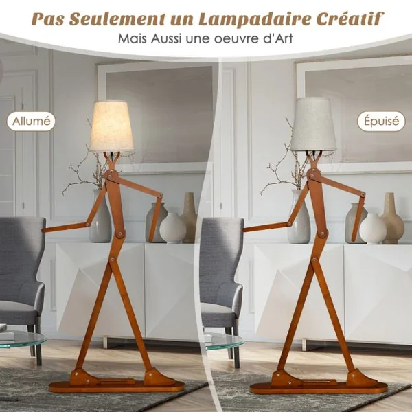 Lampe de Sol en Bois de Caoutchouc Humanoïde Créatif Lampadaire de Salon Articulations Réglables Abat-jour en Tissu
