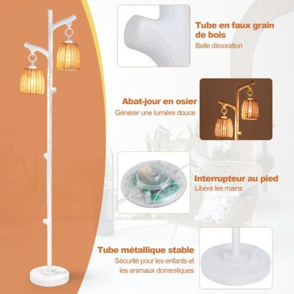 Lampe de Sol à Variation d'Intensité 2 Lampes Tronc d'Arbre avec Abat-jour en Osier Structure Stable Tube à Grain de Bois Grande Lampe de Sol de Style Ferme Blanc