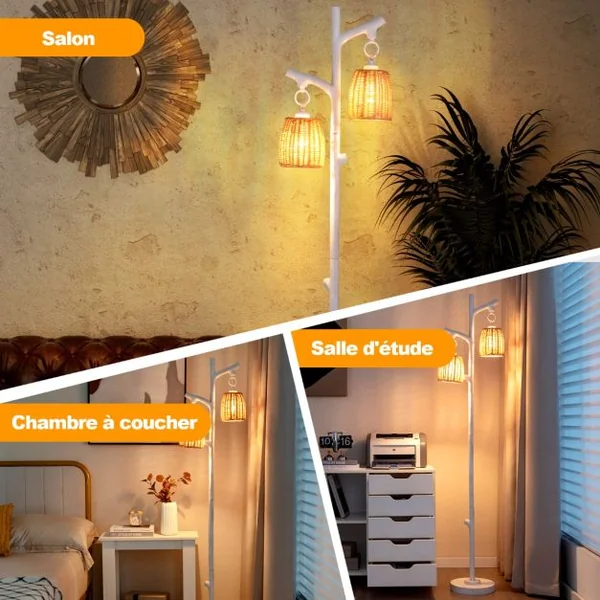 Lampe de Sol à Variation d'Intensité 2 Lampes Tronc d'Arbre avec Abat-jour en Osier Structure Stable Tube à Grain de Bois Grande Lampe de Sol de Style Ferme Blanc