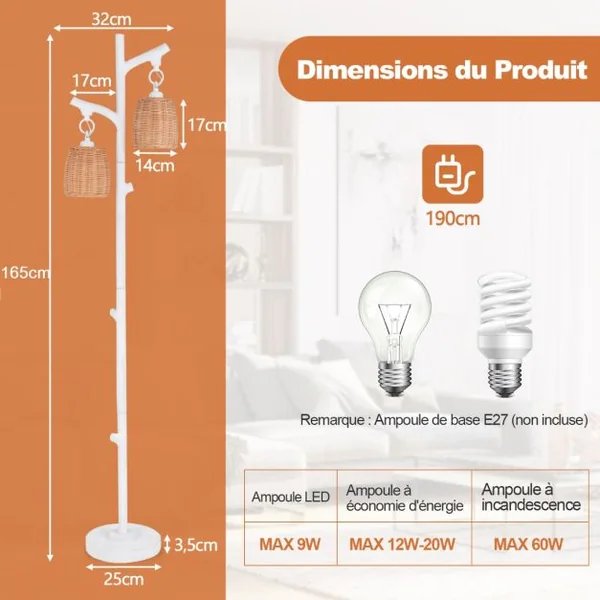 Lampe de Sol à Variation d'Intensité 2 Lampes Tronc d'Arbre avec Abat-jour en Osier Structure Stable Tube à Grain de Bois Grande Lampe de Sol de Style Ferme Blanc