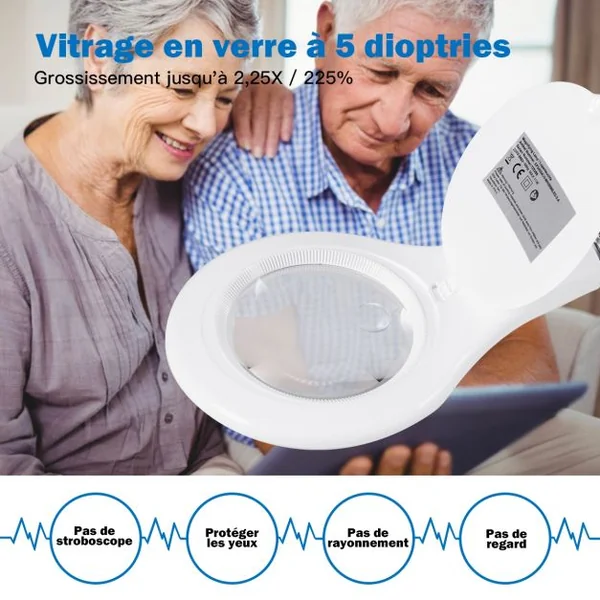 Lampe de Table et Loupe x2,25 Esthétique à Led 11w avec Pince et Bras 40 Cm Oscillant Luminosité Ajustable 6000-7000k