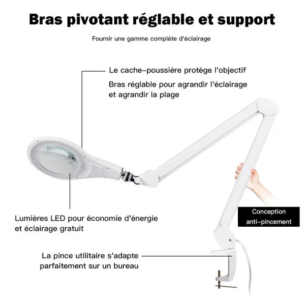 Lampe de Table et Loupe x2,25 Esthétique à Led 11w avec Pince et Bras 40 Cm Oscillant Luminosité Ajustable 6000-7000k