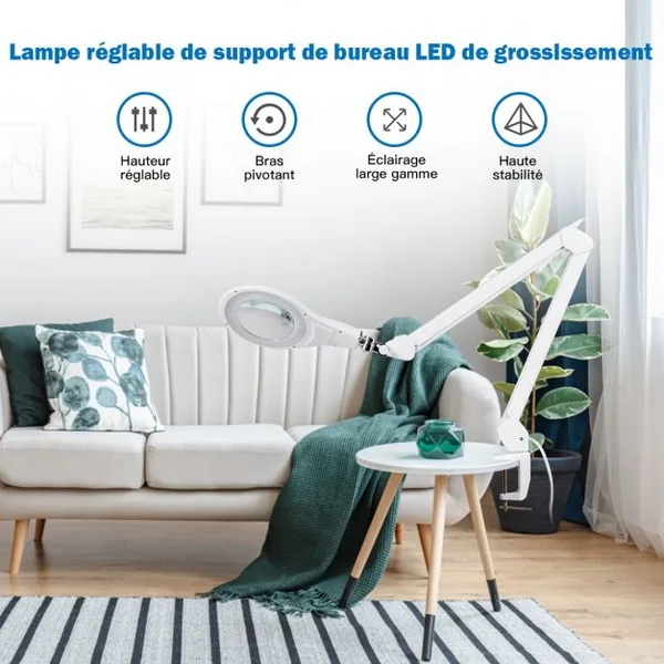 Lampe de Table et Loupe x2,25 Esthétique à Led 11w avec Pince et Bras 40 Cm Oscillant Luminosité Ajustable 6000-7000k