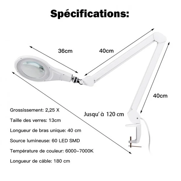 Lampe de Table et Loupe x2,25 Esthétique à Led 11w avec Pince et Bras 40 Cm Oscillant Luminosité Ajustable 6000-7000k