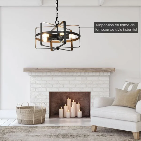 Lampe Plafond Industrielle à 5 Lampes Lustre Chandelier Chaîne Ajustable en Forme de Tambour en Fer