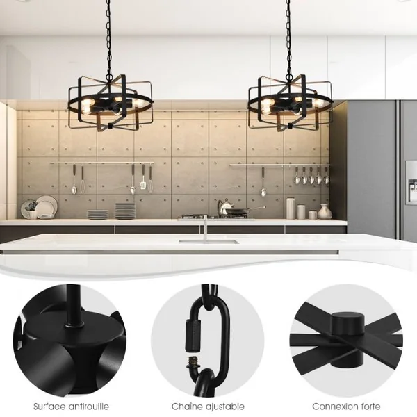 Lampe Plafond Industrielle à 5 Lampes Lustre Chandelier Chaîne Ajustable en Forme de Tambour en Fer