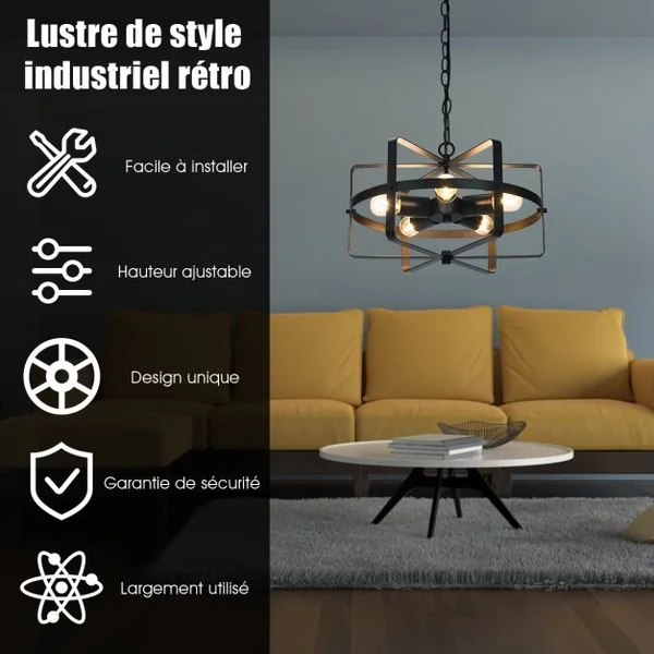 Lampe Plafond Industrielle à 5 Lampes Lustre Chandelier Chaîne Ajustable en Forme de Tambour en Fer