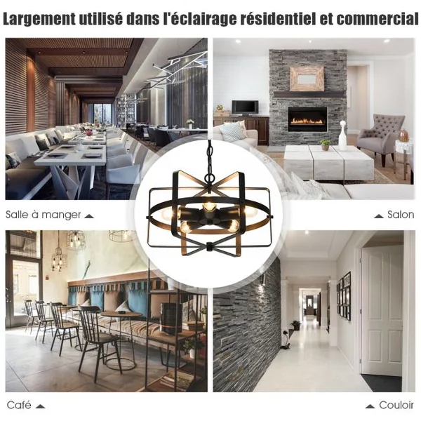 Lampe Plafond Industrielle à 5 Lampes Lustre Chandelier Chaîne Ajustable en Forme de Tambour en Fer