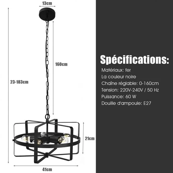 Lampe Plafond Industrielle à 5 Lampes Lustre Chandelier Chaîne Ajustable en Forme de Tambour en Fer