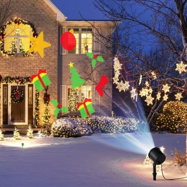 Lampe Projecteur Noël 15m Distance de Projection Max 5 Lumières LED Variété de Motifs Exquis Résistant aux Intempéries